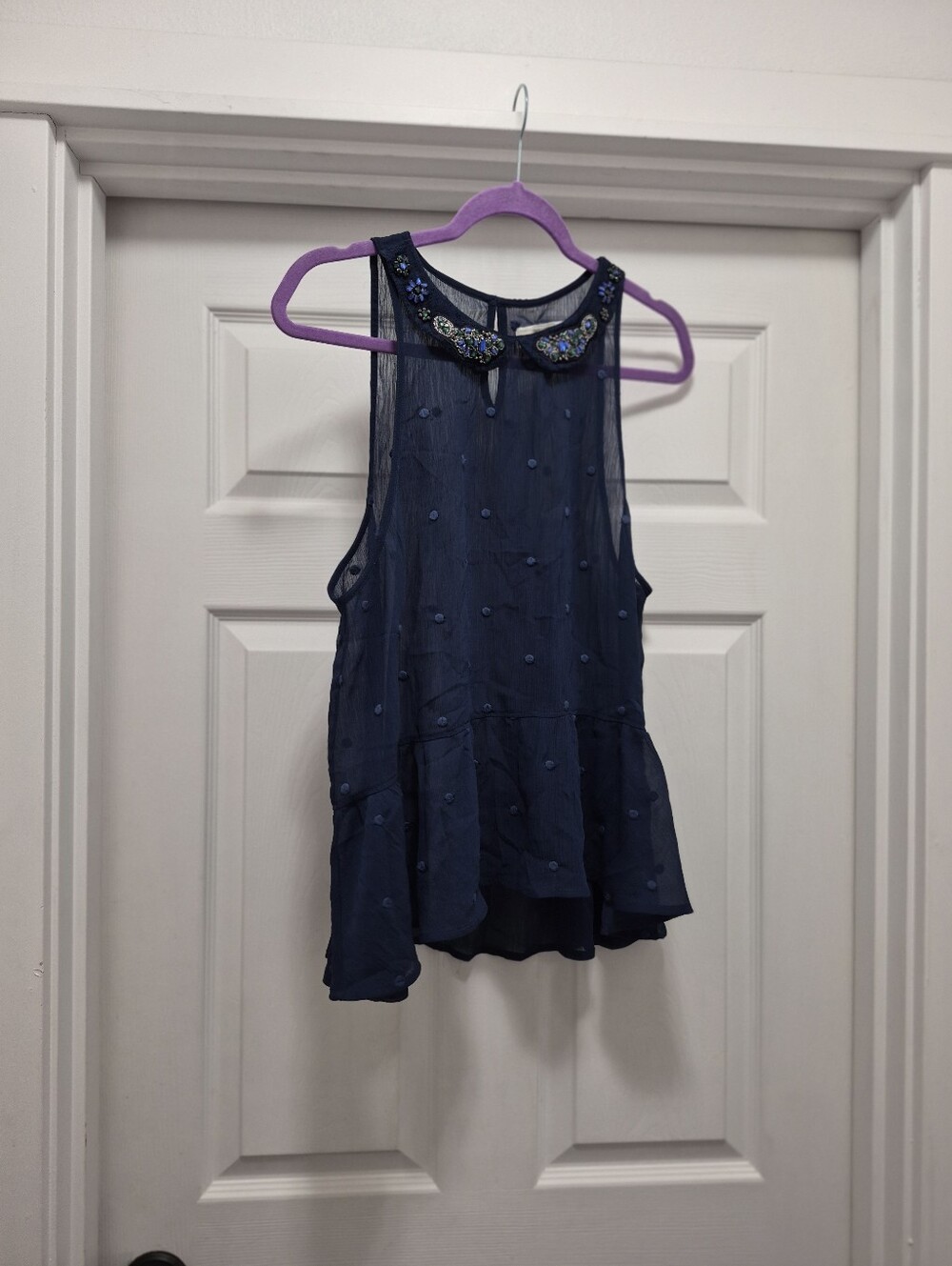 Abercrombie & Fitch Navy Beaded Collar Sleeveless Peplum Camisole